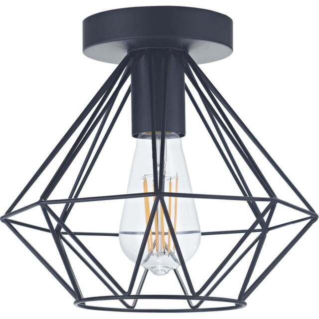 Happy Homewares Matt Black Metal Industrial Basket Cage Semi Flush Pendant Shade - Size: 25 x 23 x 23cm - Wilko - image 1