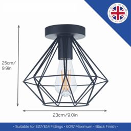 Happy Homewares Matt Black Metal Industrial Basket Cage Semi Flush Pendant Shade - Size: 25 x 23 x 23cm - Wilko - thumbnail 6