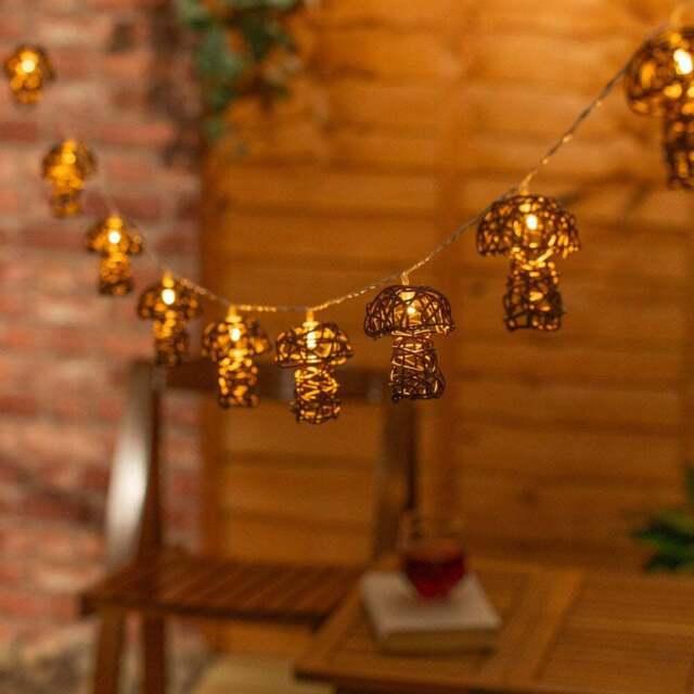 ValueLights Mushroom Rattan Battery Operated Outdoor Garden String Light 10 Pack - Size: 8 x 240 x 6cm - Brown - Wilko - image 1