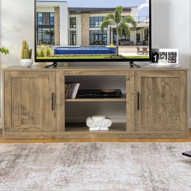Costway 2 Door Natural TV Unit with Adjustable Shelves - Size: 165 x 48 x 14cm - Wilko - image 1
