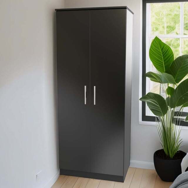Crowndale Knightsbridge 2 Door Black Gloss and Black Wardrobe Ready Assembled - Black Gloss & Black - Wilko - image 1