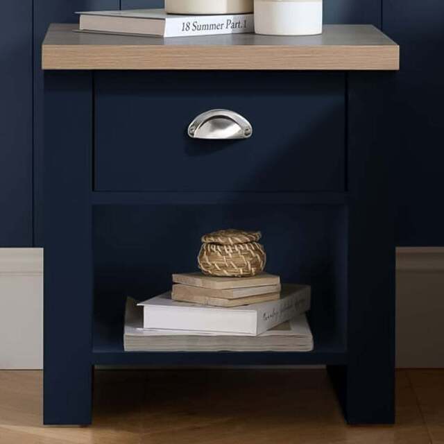 Highgate Single Drawer Navy and Oak Lamp Table - Size: 44 x 44 x 48cm - Blue - Birlea - Wilko - image 1