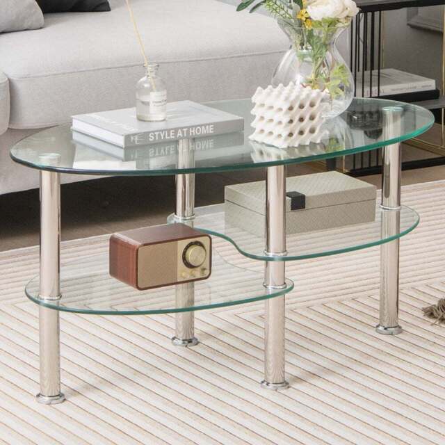 Costway 2 Shelf Tempered Glass Coffee Table - Size: 99 x 60 x 12cm - Clear - Wilko - image 1