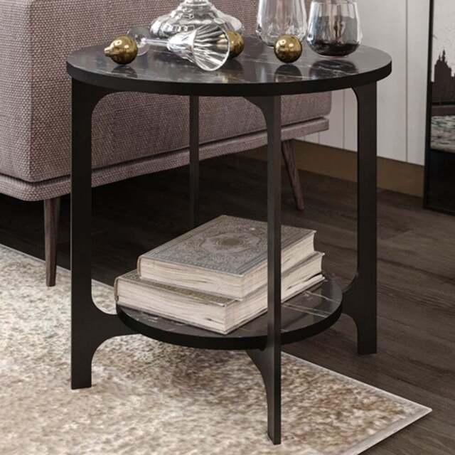 Decorotika Versy Single Shelf Black Marble Effect and Gold Round Side Table - Size: 41.6 x 50 x 50cm - Multi - Wilko - image 1