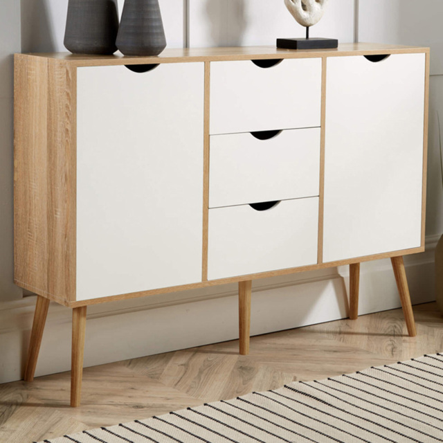 Home Source Boden 2 Door 3 Drawer White and Oak Effect Sideboard - Size: 85 x 119 x 30cm - Multi - Wilko - image 1