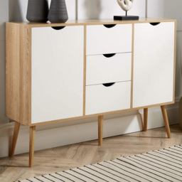 Home Source Boden 2 Door 3 Drawer White and Oak Effect Sideboard - Size: 85 x 119 x 30cm - Multi - Wilko