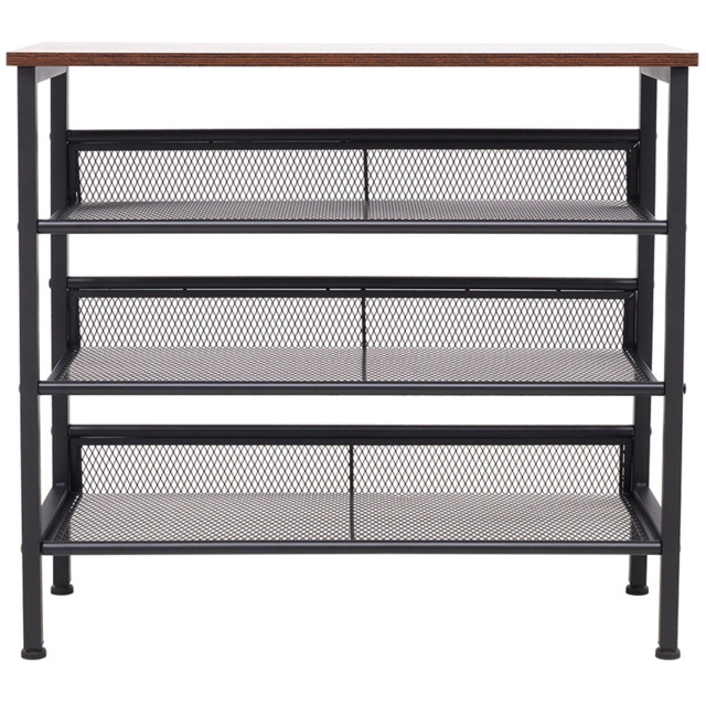H&O Direct 3 Mesh Shelf Shoe Rack with Wooden Top - Size: 67.5 x 73 x 29.5cm - Black - Wilko - image 1