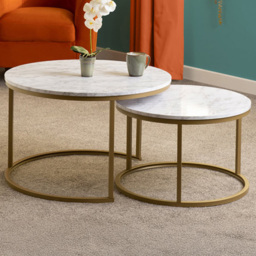 Seconique Dallas Marble and Gold Effect Round Nest of Tables Set of 2 - Size: 74 x 74 x 47cm - White - Wilko