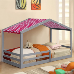 Brooklyn Single Grey Wooden House Style Bed with Red Tent - Wilko