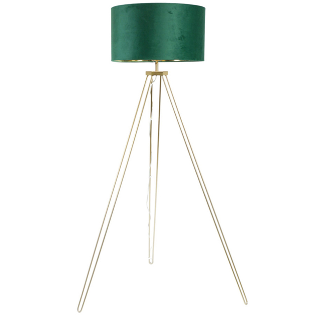 ValueLights Aero Gold Hairpin Tripod LED Floor Lamp with Green and Gold Velvet Drum Lamp Shade - Size: 141 x 59 x 59cm - Wilko - image 1