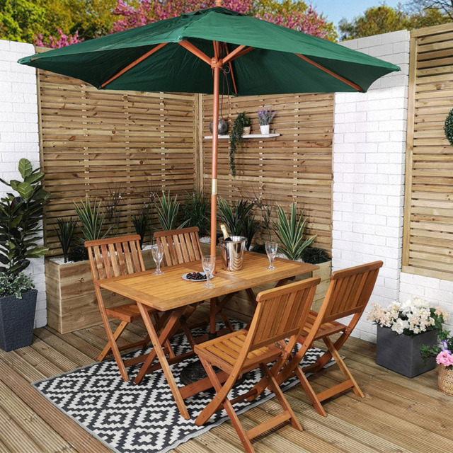 Samuel Alexander Wooden 4 Seater Folding Rectangular Garden Dining Set with Green Parasol - Brown - Wilko - image 1