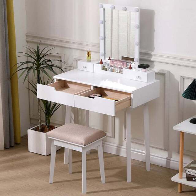 Living and Home 4 Drawer White Vanity Dressing Table Set with LED Mirror - Size: 137 x 80 x 40cm - Wilko - image 1