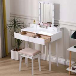 Living and Home 4 Drawer White Vanity Dressing Table Set with LED Mirror - Size: 137 x 80 x 40cm - Wilko