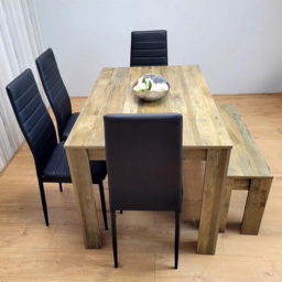 Kosy Koala 6 Seater Wood and Faux Leather Dining Bench Set Rustic Effect and Black - Multi - Portland - Wilko - thumbnail 1