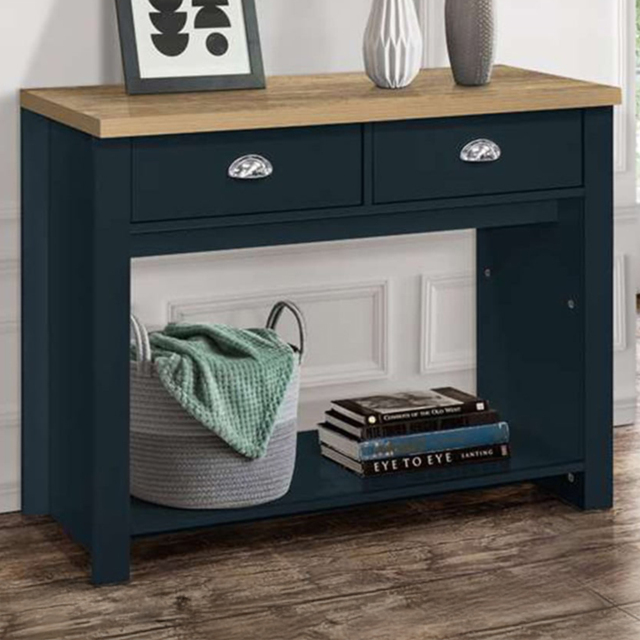 Highgate 2 Drawer Navy and Oak Console Table - Size: 35 x 99 x 77cm - Blue - Birlea - Wilko - image 1