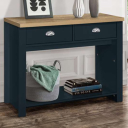 Highgate 2 Drawer Navy and Oak Console Table - Size: 35 x 99 x 77cm - Blue - Birlea - Wilko