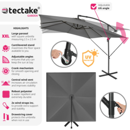 tectake Apollo Light Grey Adjustable Tilt Cantilever Parasol 2.5 x 2.5m - Size: 3m - Wilko - thumbnail 7