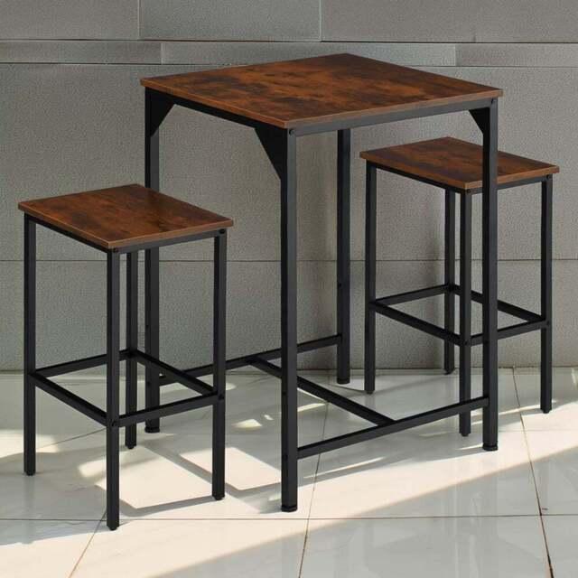 tectake 2 Seater Dark Wood Bar Table with Stools - Brown - Wilko - image 1