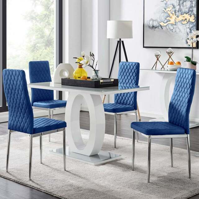 Furniturebox Lucia Valera 4 Seater Dining Set Grey Gloss Navy and Chrome - Blue - Wilko - image 1