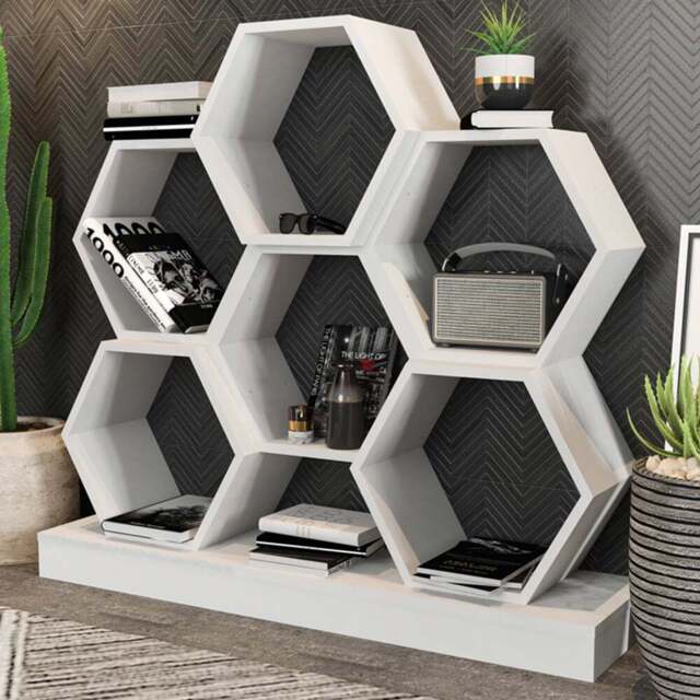 Decorotika Flower White Wide Hexagonal Bookcase - Size: 109 x 120 x 29.5cm - Wilko - image 1