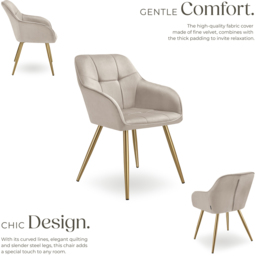 Tectake Marilyn Tauper and Gold Quilted Velvet Continuous Backrest Chair Set of 4 - Grey - Wilko - thumbnail 4