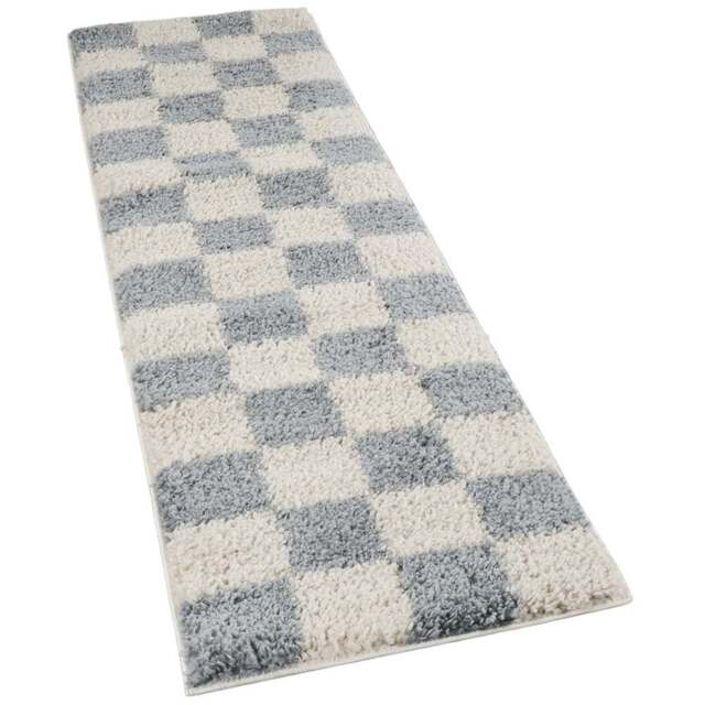 Desire Rugs Chester Duck Egg Blue Shaggy Checkered Rug 60 x 220cm - Size: 220 x 60 x 3cm - Wilko - image 1