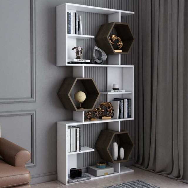 Decorotika Darla 9 Shelf White and Walnut Geometric Bookcase - Size: 171 x 90 x 24.6cm - Multi - Wilko - image 1