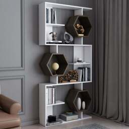 Decorotika Darla 9 Shelf White and Walnut Geometric Bookcase - Size: 171 x 90 x 24.6cm - Multi - Wilko