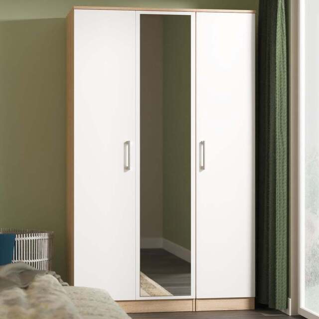 Crowndale Devon 3 Door Matt White and Bardolino Oak Mirrored Wardrobe Ready Assembled - White Matt & Bardolino Oak - Wilko - image 1