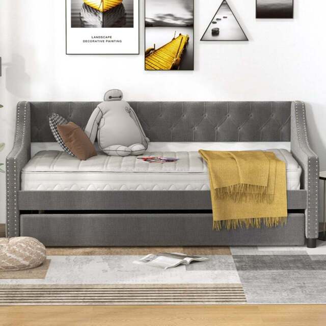 Costway Single Grey Linen Trundle Bed with Backrest - Wilko - image 1