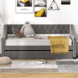 Costway Single Grey Linen Trundle Bed with Backrest - Wilko - thumbnail 1