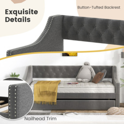 Costway Single Grey Linen Trundle Bed with Backrest - Wilko - thumbnail 6