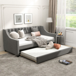 Costway Single Grey Linen Trundle Bed with Backrest - Wilko - thumbnail 5