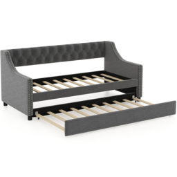 Costway Single Grey Linen Trundle Bed with Backrest - Wilko - thumbnail 3