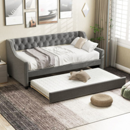 Costway Single Grey Linen Trundle Bed with Backrest - Wilko - thumbnail 4
