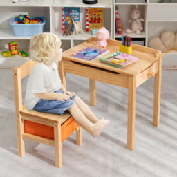 Costway Kids Natural Table and Chair Set with Hidden Space and Hook - Size: 69 x 49 x 19cm - Cream - Wilko - thumbnail 4