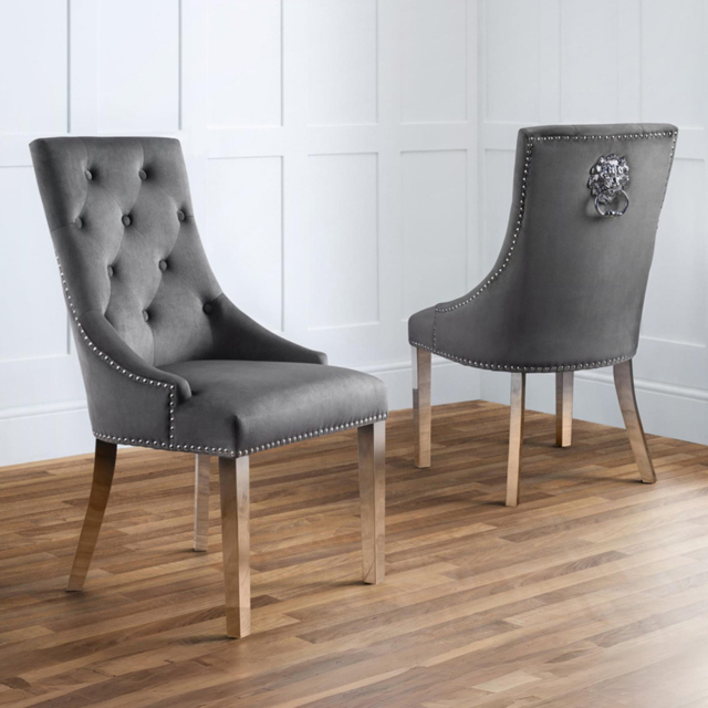 Julian Bowen Gladstone Set of 2 Grey and Chrome Velvet Lion Head Dining Chairs - Grey Velvet - Wilko - image 1