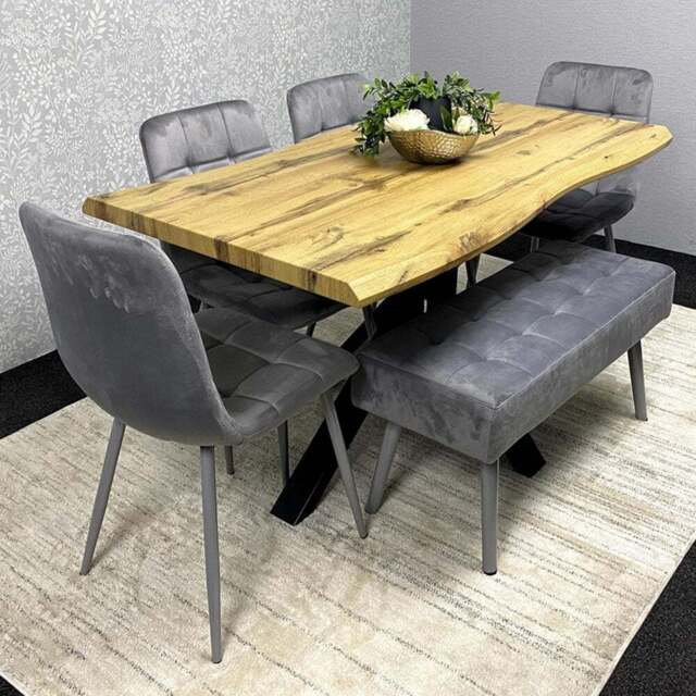 Kosy Koala 6 Seater Velvet Wooden Rectangle Dining Set with Bench Grey - Multi - Wilko - image 1