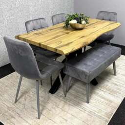 Kosy Koala 6 Seater Velvet Wooden Rectangle Dining Set with Bench Grey - Multi - Wilko - thumbnail 1