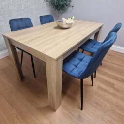 Portland 4 Seater Square Velvet Dining Set Oak Effect and Blue - Multi - Wilko