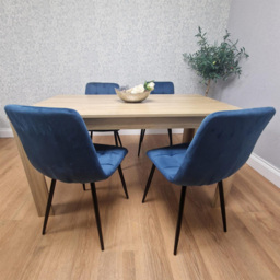 Portland 4 Seater Square Velvet Dining Set Oak Effect and Blue - Multi - Wilko - thumbnail 3
