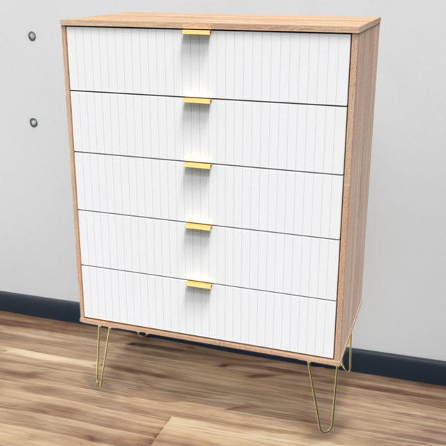 Crowndale 5 Drawer White Matt and Bardolino Oak Wide Chest of Drawers Ready Assembled - Wilko - image 1