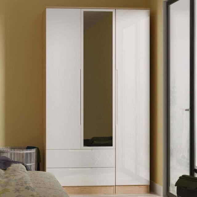 Crowndale Milan 3 Door 2 Drawer White Gloss Bardolino Oak Tall Mirrored Wardrobe Ready Assembled - Size: 2 Door 2 Drawer - White Gloss & Bardolino Oak - image 1