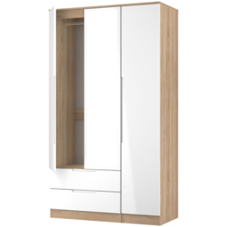 Crowndale Milan 3 Door 2 Drawer White Gloss Bardolino Oak Tall Mirrored Wardrobe Ready Assembled - Size: 2 Door 2 Drawer - White Gloss & Bardolino Oak - thumbnail 7