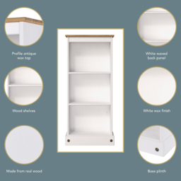 Corona 3 Shelf White Washed Wax Finish Low Narrow Bookcase - Wilko - thumbnail 5
