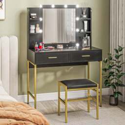Portland Black Vanity Dressing Table Set with Mirror - Size: 132.5 x 45 x 90cm - Wilko