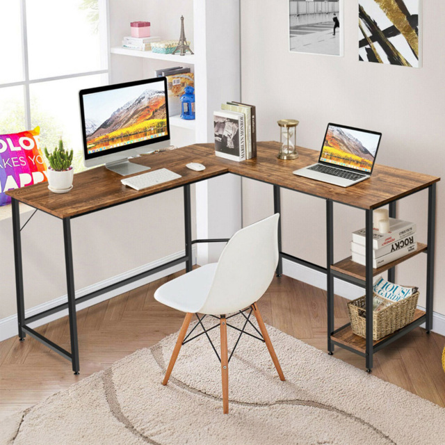 Costway 2 Shelf L Shaped Corner Computer Desk Coffee - Size: 156 x 59 x 12cm - Brown - Wilko
