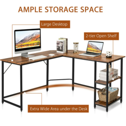 Costway 2 Shelf L Shaped Corner Computer Desk Coffee - Size: 156 x 59 x 12cm - Brown - Wilko - thumbnail 7