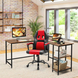 Costway 2 Shelf L Shaped Corner Computer Desk Coffee - Size: 156 x 59 x 12cm - Brown - Wilko - thumbnail 4
