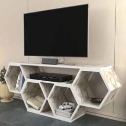 Decorotika Honey White Marble Effect Wide Hexagonal TV Unit - Size: 55.5 x 140 x 26.6cm - Wilko - thumbnail 1